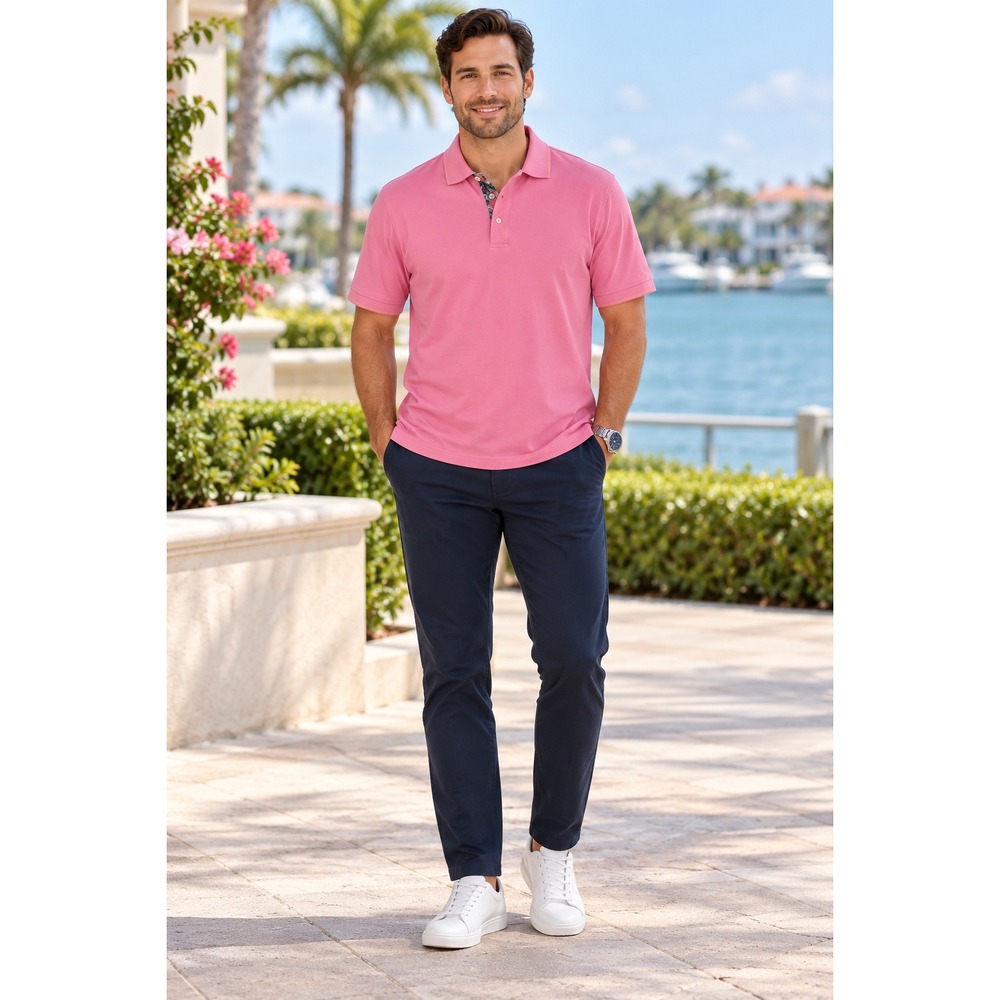 Alan Flusser Pink Supima Cotton Polo Shirt XL Butterfly Trim Old Money Boho